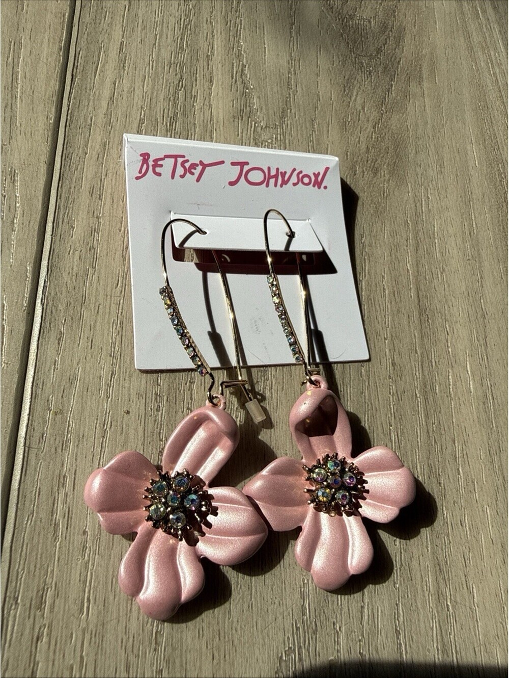 Betsey Johnson Gold Tone & Pink Flower Drop Earrings Crystal Accents NWT